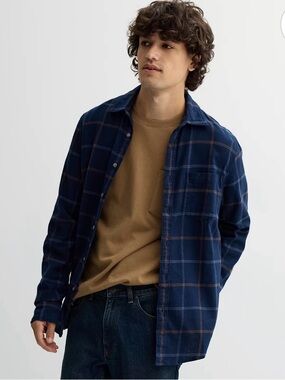 Sonoma Navy Plaid Button-Down Shirt with Brown Windowpane